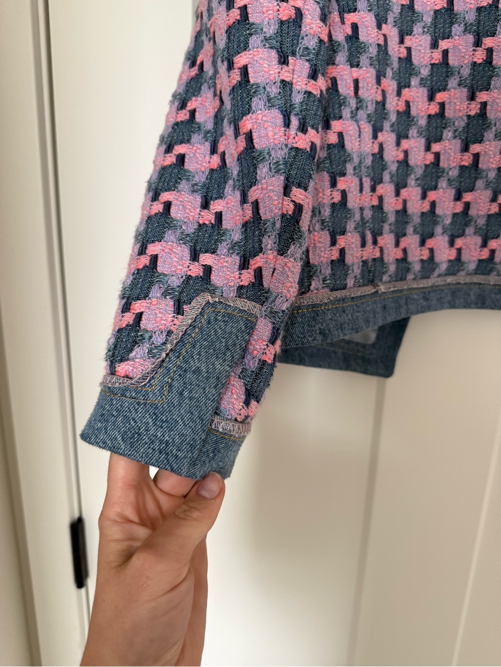 Girls Pink and Blue Tweed Denim-Trim Jacket